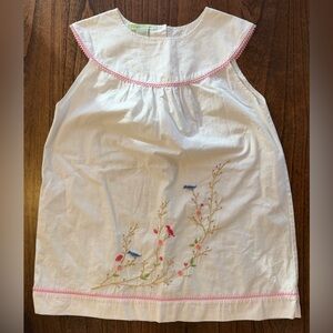 Muguet Collection White Sleeveless Dress with Embroidered Floral and Bird Design